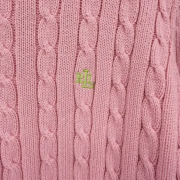 Lauren Ralph Lauren Pink Cable Knit Sweater Cotton RL Logo L Barbiecore Preppy - Picture 3 of 6